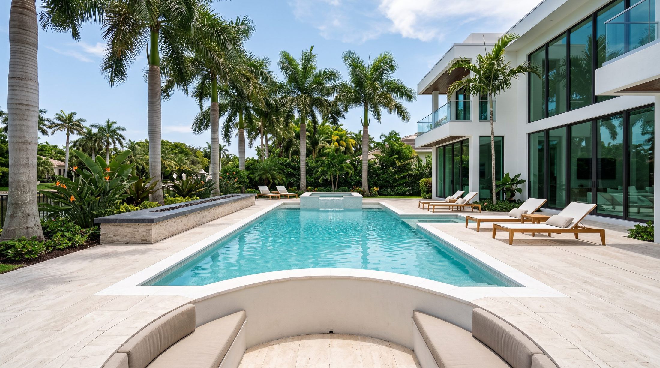 A custom resort-style pool and spa in a South Florida backyard on a sunny afternoon