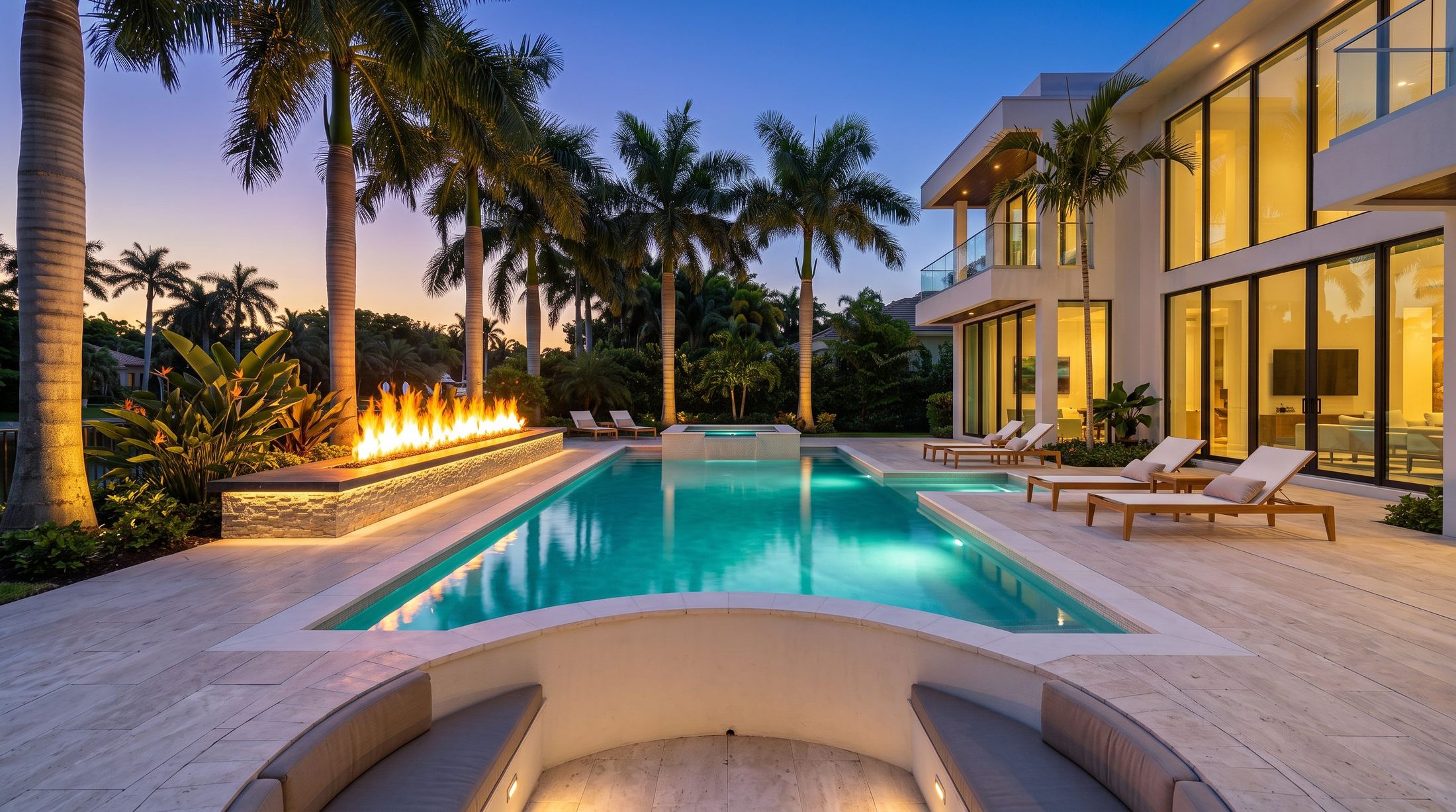The same backyard at dusk with glowing pool lights, a lit fire feature and uplit palms